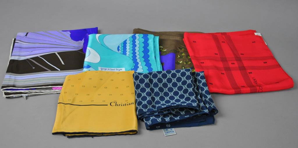 SIX DESIGNER SCARVES: including Gucci, Calvin Klein, Christian Dior, Ellen Tracy, Leonard, and Sally Gee - Giorgio di Sant Angelo