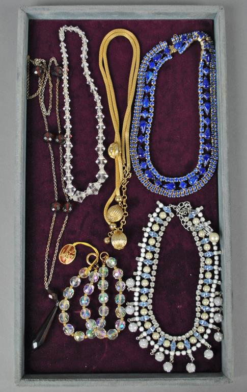 6-PIECE VINTAGE COSTUME JEWELRY GROUP: including a 15" crystal choker with 14K clasp, a 30" red glass pendant necklace, a 22" goldtone necklace by Coro, a 14" beaded and rhinestone choker (missing some stones), a 15" blue paste choker (saf