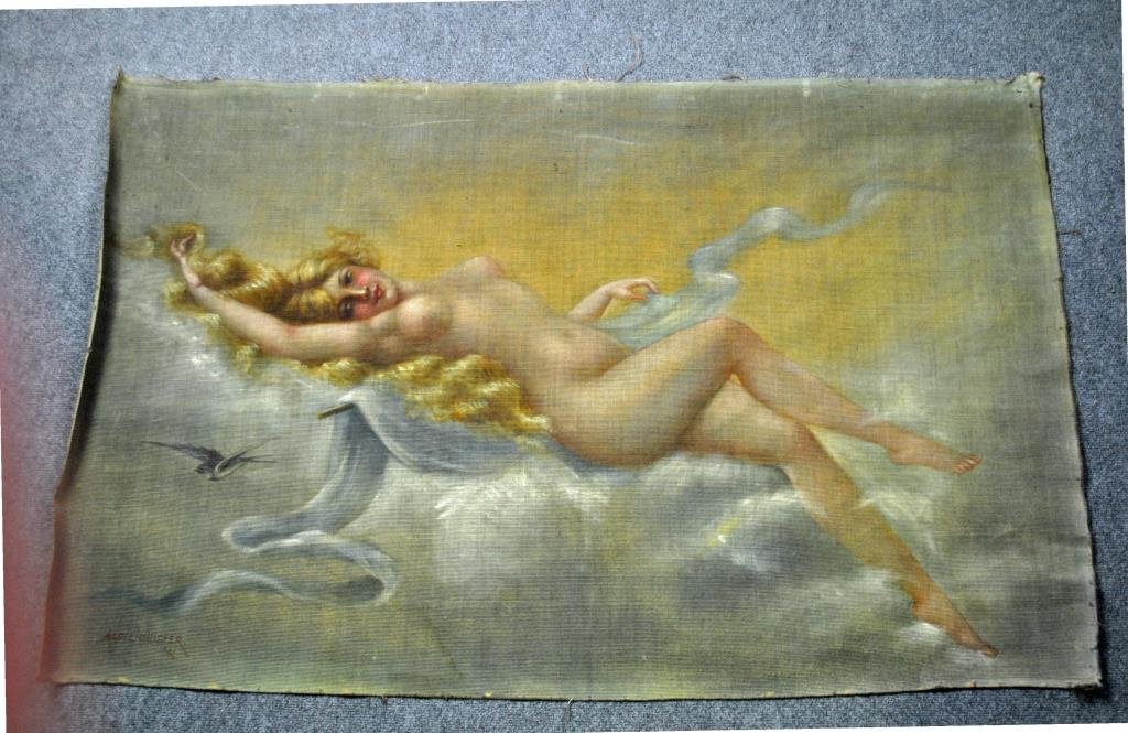 VICTORIAN NUDE PAINTING ON FABRIC: depicting a reclining nude with blue bird in flight, signed Mabel Hollister '96, small edge tears from original stretcher, 38x61in.