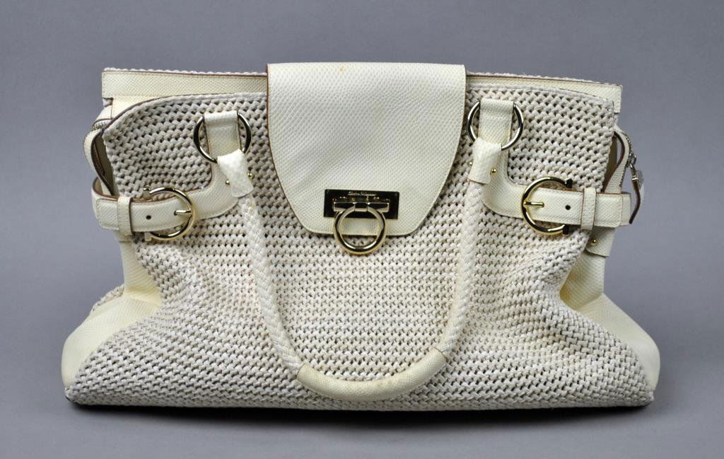 SALVATORE FERRAGAMO SHOULDER BAG: interior leather tag reads "Salvatore Ferragamo / Made in Italy / AU-21/5434", gently worn condition with some scuffs, 13x16in.