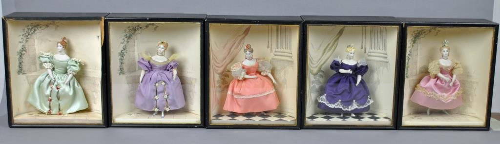 SET OF 5 FRENCH-STYLE FASHION DOLLS: in glass-front shadowbox frames, each background pencil signed L. Grace, dolls each approx. 7in., frames 11x9.5x4.5in. (one frame / background as is, the doll lacking an earring)