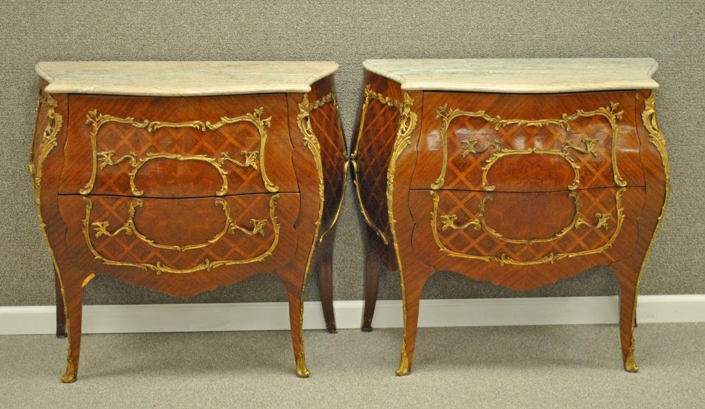 PAIR MARBLE TOP PARQUETRY BOMBE COMMODES: 20thC., ormolu mounted, stamped Made in Spain, 32x32x16in., some veneer loss