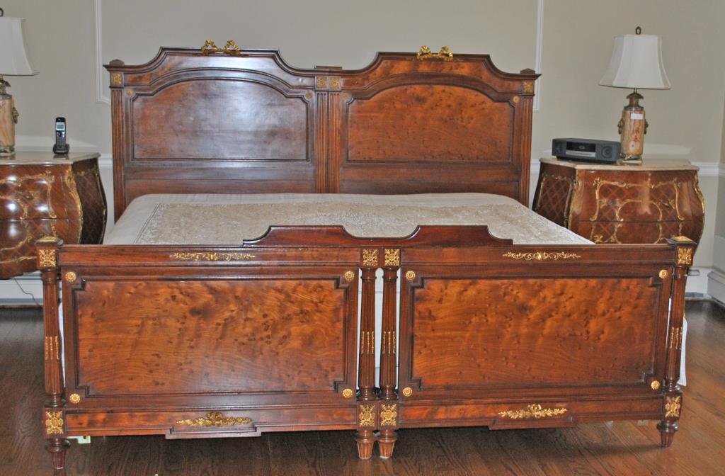 LOUIS XV STYLE ORMOLU & MAHOGANY KING SIZE BED: professionally converted from twin beds, fitted with contemporary bed rails, headboard 53x85in., footboard 31x85in.
