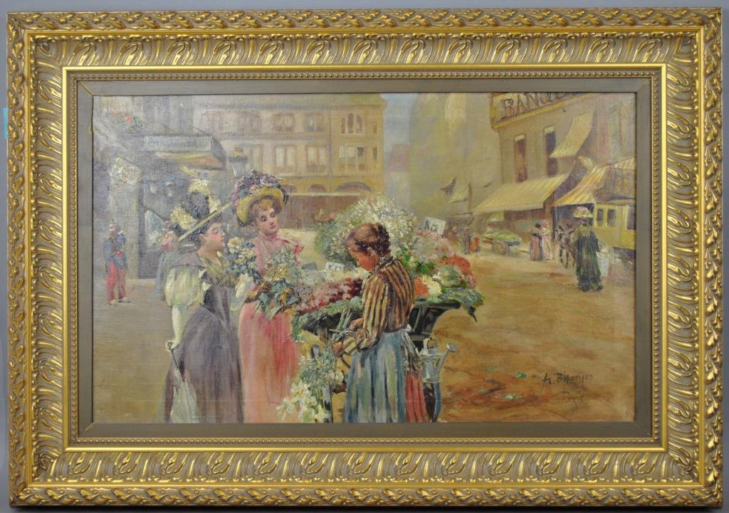 FRENCH SCHOOL, PARIS STREET SCENE: first half 20thC., depicting three ladies at a flower cart, oil on canvas, signed (Fr. Belanger)? Paris, 22x36in.