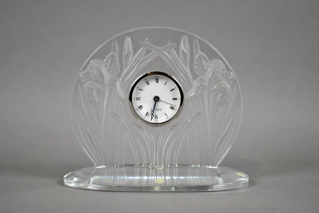 LALIQUE 'IRIS' CRYSTAL CLOCK: signed Lalique France, 7x8in.