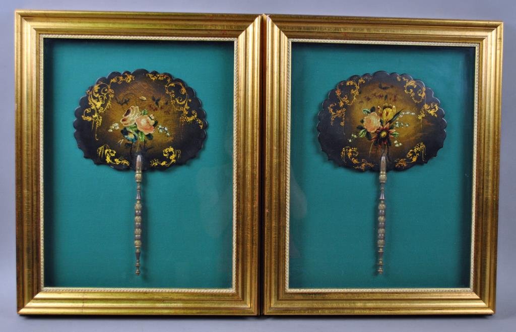 PAIR VICTORIAN PAPIER MACHE HAND SCREENS: painted lacquer panels depicting bleeding hearts, roses and other florals, ornate gilt scrollwork, turned handles, 15x10in., custom frames, overall 23x18in., minor frame nicks