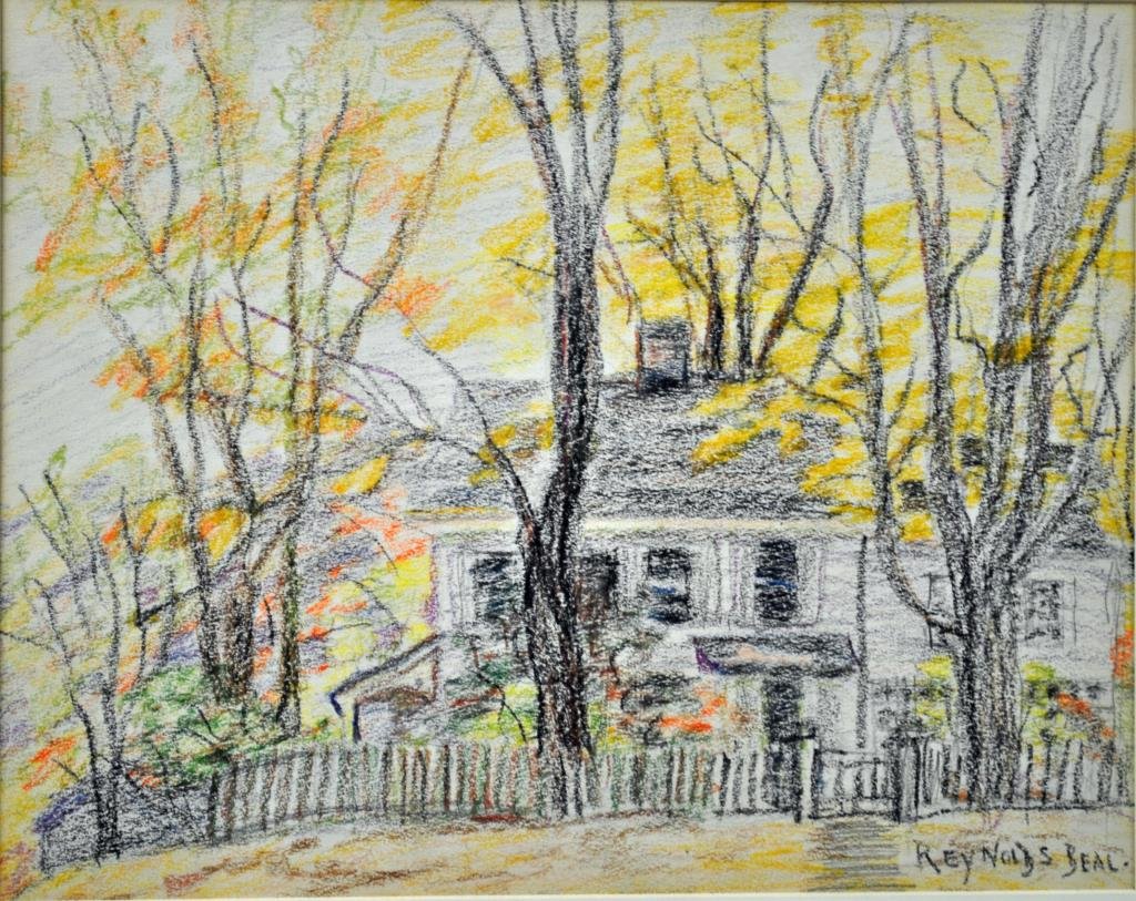 REYNOLDS BEAL (New England, 1866-1951): ôHouse with Trees and Fenceö, crayon on paper, signed lower right, 10x13in., water stain to corner of matting not affecting image