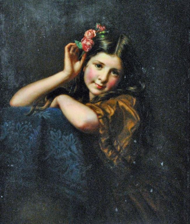 SAMUEL BARUCH HALLE (French, 1824-1889): a portrait of a young girl, oil on board, signed and titled 'Vanity' verso, attached annotated label alluding to the collection of Mr. Henry Wallace of the French Gallery, 13x11in.