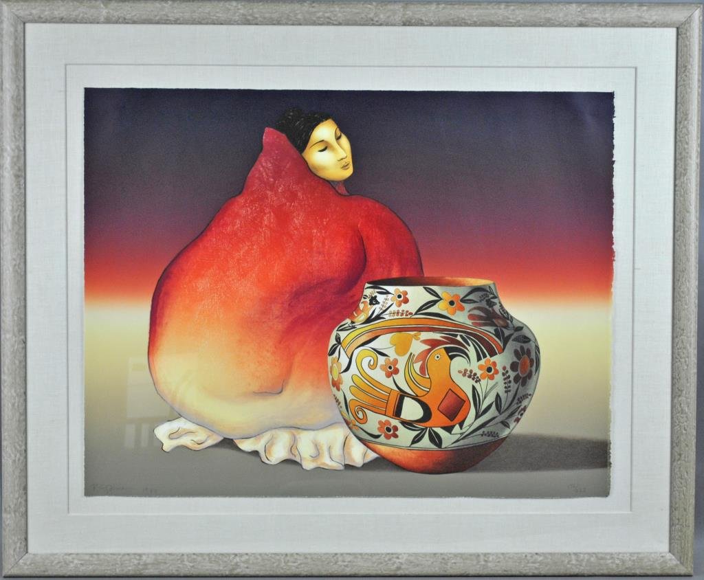 RC GORMAN (American, 1932-2005): a southwestern woman with pottery jug, color lithograph, pencil signed and numbered 172/225, Houston blind stamp, 29x38in.