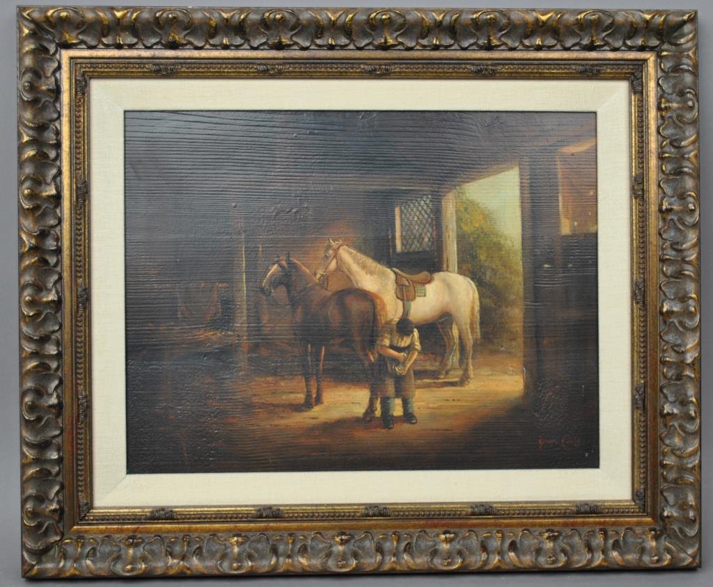 BRIAN COOLE (British, 1939-): an equestrian genre scene with farrier , oil on board, signed lower right, 13x17in.