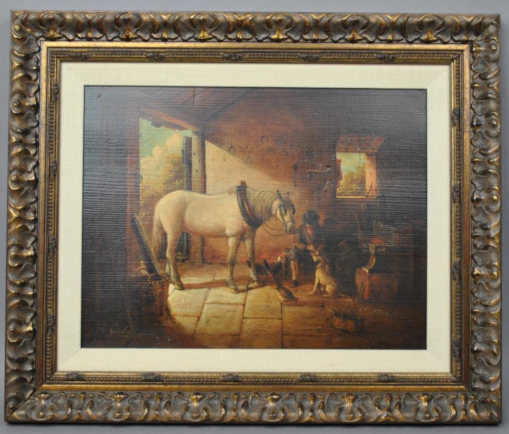 BRIAN COOLE (British, 1939-): an equestrian genre scene with gent feeding a dog and chickens, oil on board, signed lower left, 13x17in.