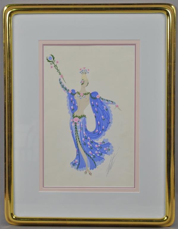 ERTE (French/Russian 1892-1990): a semi-nude draped lady, gouache on paper, hand-written receipt of purchase dated 1984 indicates "Lydia (mannequin) Reference NR 15017...", 12x8in.