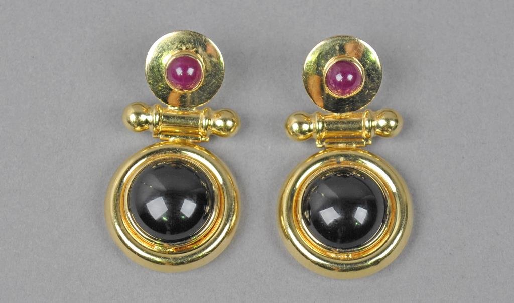PAIR GOLD ETRUSCAN-STYLE PIERCED EARRINGS: gemstone set, likely onyx and ruby, yellow gold setting test 14K, 12.3gms., no earrings backs