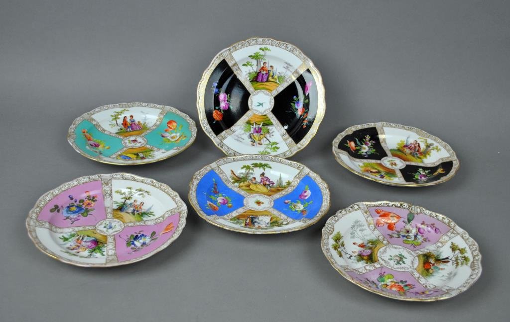SET (6) MEISSEN PANELED CABINET PLATES: crossed sword seconds marks, 8.25in., minor gilt and panel wear