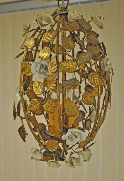 GILT BRASS, TOLE & PORCELAIN WHITE ROSE CHANDELIER: early 20thC., likely Italian, 3-light, toleware and porcelain blossoms, 16x10in.