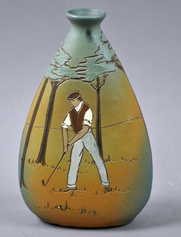 WELLER DICKENS WARE GOLFER POTTERY VASE: stamped #355, 7.5in.
