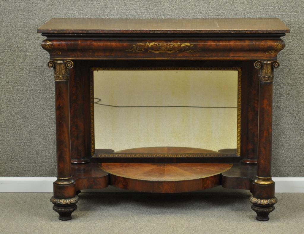 INLAID BURLWOOD & PAINT DECORATED PIER TABLE: likely New York, mirrored back flanked by doric columns, 37x46x21in., replaced faux marble top, drying / shrinkage cracks, veneer damage & loss
