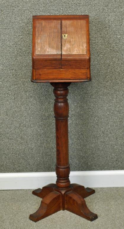 ENGLISH VICTORIAN WALNUT TRAVEL SECRETARY: mounted to a later stand, the two doors opening to a fitted interior with a single drawer with Marshall letter scale, and ink bottle, secretary size 9x10x8in, overall 34in.