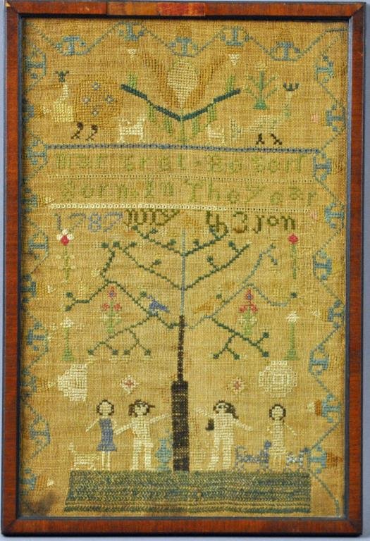 SAMPLER DONE BY MARGRET ROSEN, BORN 1787: appears to read: “Margret Rosen born in the year 1787 July the 10th”, depicts a stick tree, figures, animals, birds and flowers, meandering border, 14.5x9.5in., wear, toning, staining
