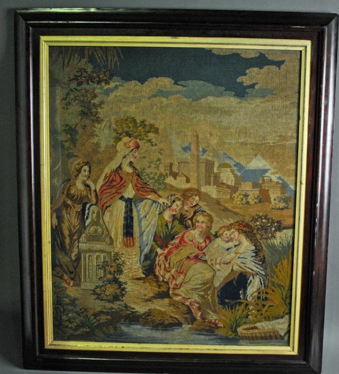 VICTORIAN NEEDLEWORK PANEL OF LARGE SIZE - MOSES: depicting Pharaoh's daughter and her maidens discovering Moses in the reeds, some areas of minor wear, 37x31in.