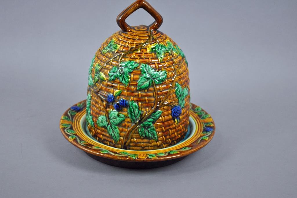 MAJOLICA BEEHIVE CHEESE DOME: grape and leaf motif, 13x14in., underside of base with impressed 'Minton' mark, however not guaranteed to be Minton