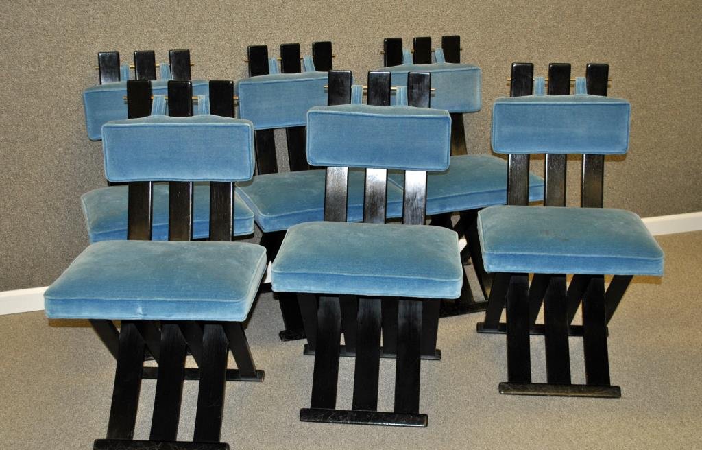 SET OF SIX HARVEY PROBBER DINING CHAIRS: slatted X-frame chairs in ebony finish with blue velour seats and pillow backs, unsigned, 36x20x22in. Condition: Overall wear, wood scratches and scuffing, upholstery with light staining.