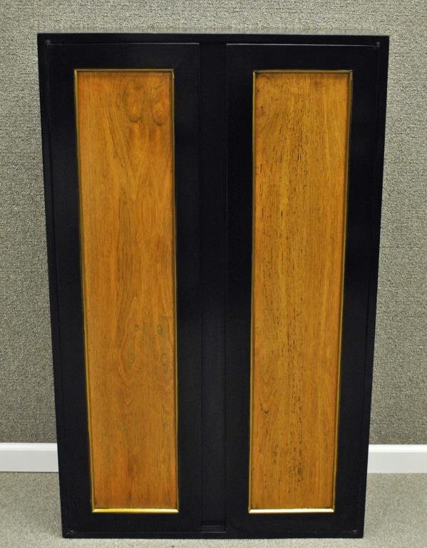 PAIR OF HARVEY PROBBER WALL CABINETS: in ebony finish with wood veneer panels, each a two-door unit opening to a three-shelf interior, unsigned, 48x30x14in. Condition: General wear and wood distress.