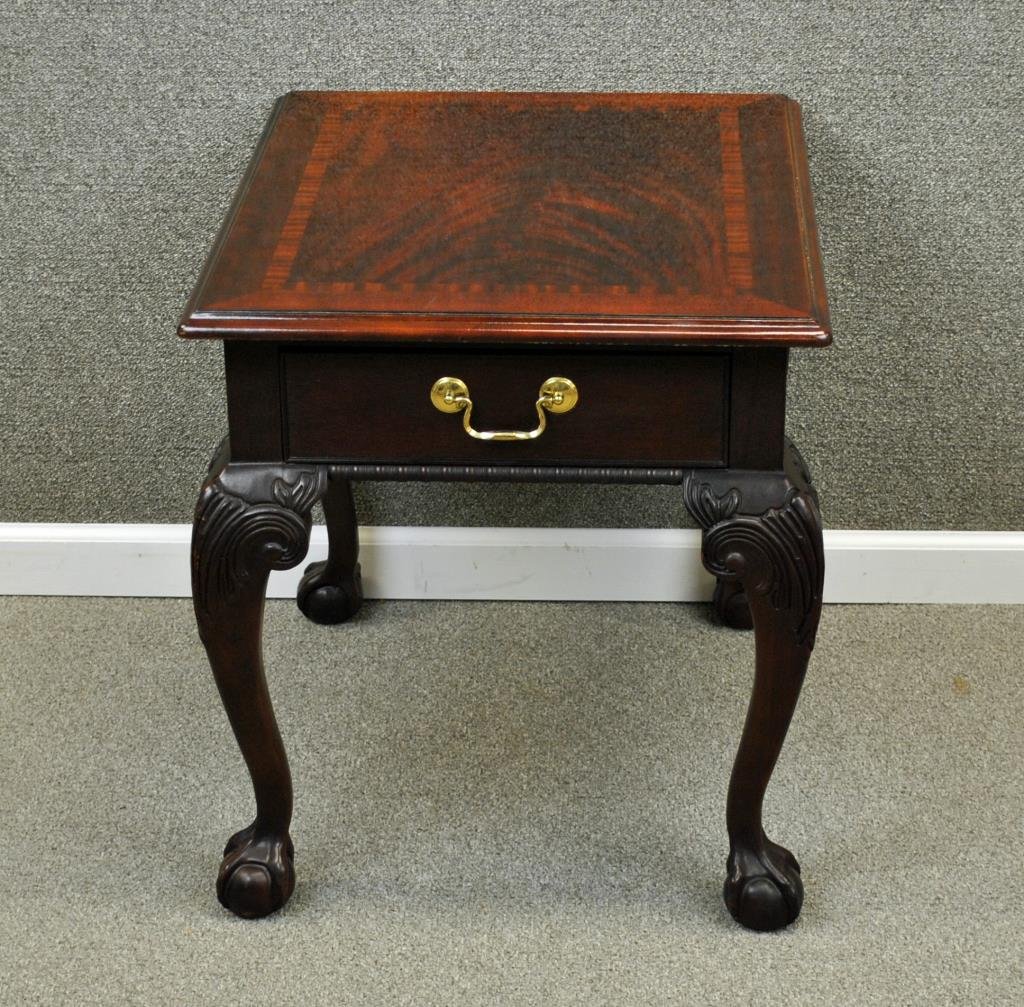 THOMASVILLE MAHOGANY BALL & CLAW FOOT SIDE TABLE: single drawer, banded inlay, branded mark of Thomasville, 23x21x26in.