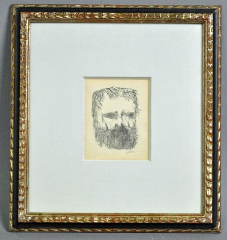 LEONARD BASKIN LITHOGRAPH - SURREALIST HEAD: pencil signed, 5x4in.