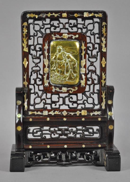 CHINESE MOTHER-OF-PEARL & BRASS TABLE SCREEN: overall 11x8in., losses