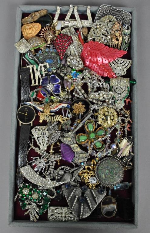 50+ PIECE COSTUME JEWELRY GROUP: including some signed pieces, vintage, Victorian, rhinestones, sterling, a Movado watch, etc., all with losses/wear