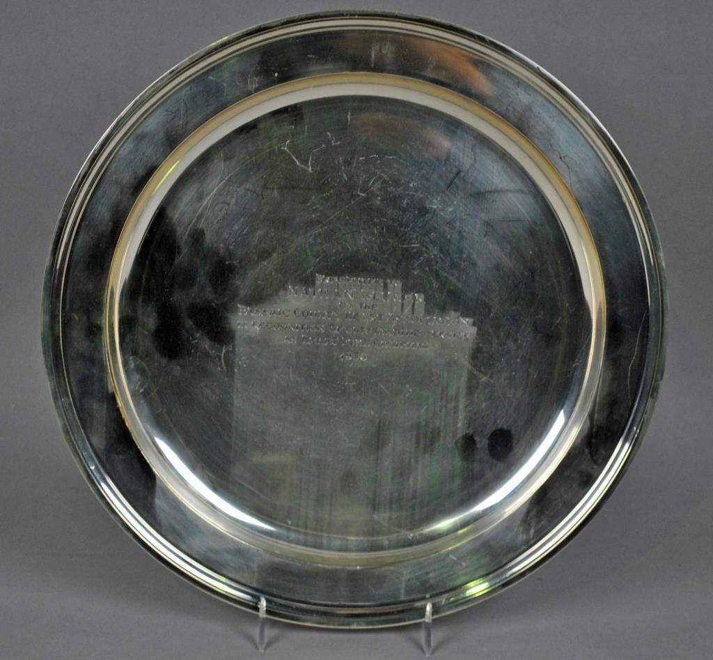 TIFFANY MAKERS STERLING PRESENTATION TRAY: #20187, 12in., inscription dated 1956, hanging ring attached, 23.8ozt.