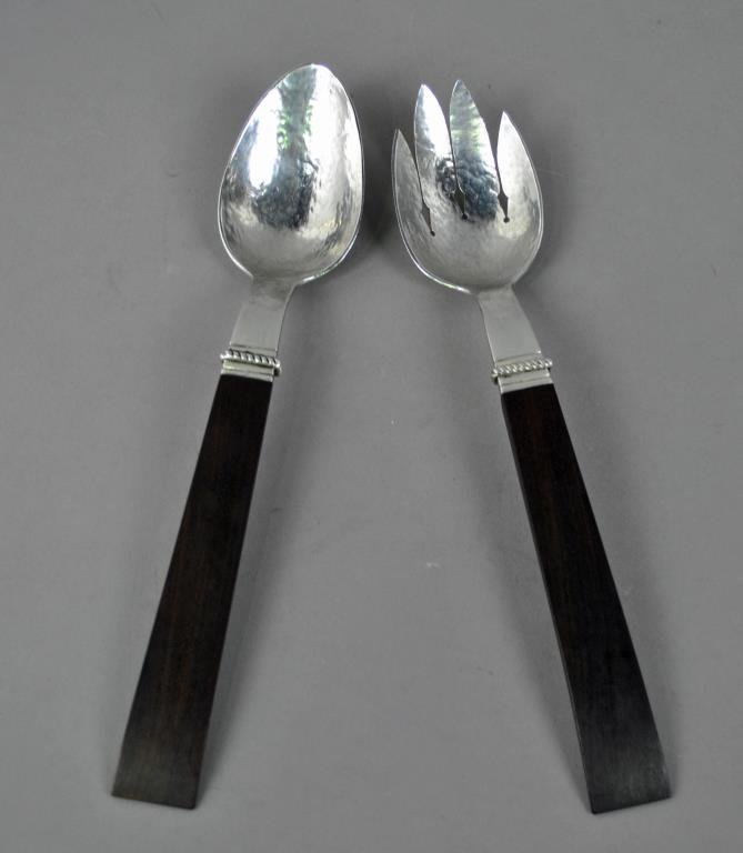 WILLIAM SPRATLING MEXICAN STERLING SALAD SET: c.1930, wood handles, bowls with hand worked texture, raised print brand mark for Sprattling 925, Taxco, 12in., gross weight 9.5ozt.