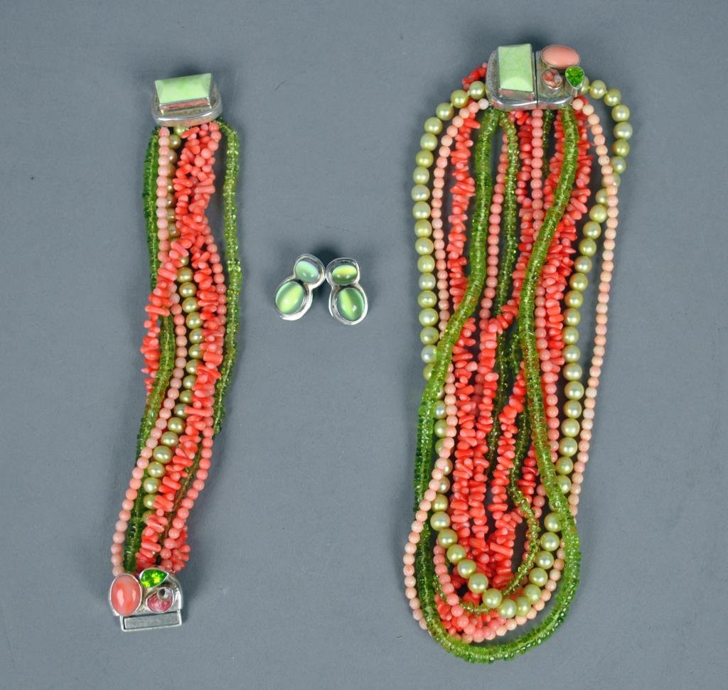 AMY KAHN RUSSELL PARURE: materials include coral, peridot, green pearls and sterling, comprising a 7-strand necklace (16in.), a matching bracelet (7in.), each with magnetic closures, and a pair of complimenting sterling earcl