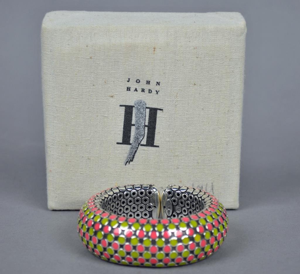 JOHN HARDY SILVER & ENAMEL DOT COLLECTION CUFF: stamped Indonesia 925, signed with H monogram, interior diameter approx. 2in., 106gms.