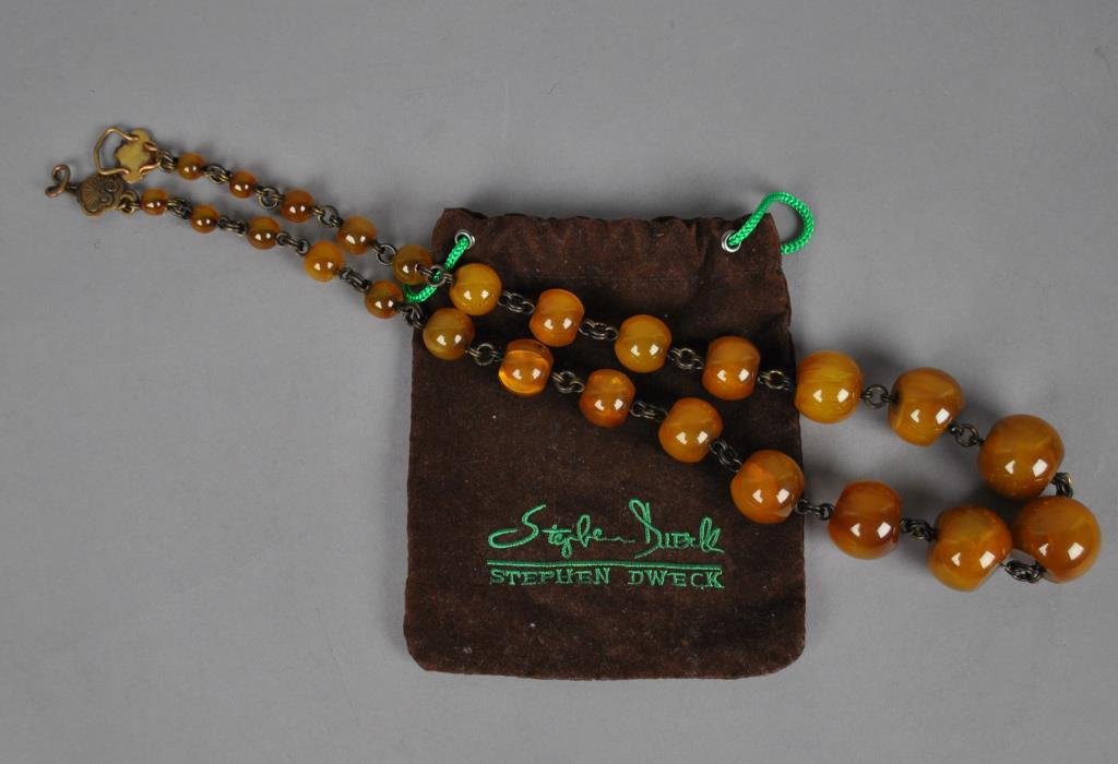 STEPHEN DWECK AMBER & BRONZE NECKLACE: largest bead 29x22mm, signed, 28in., with Dweck pouch
