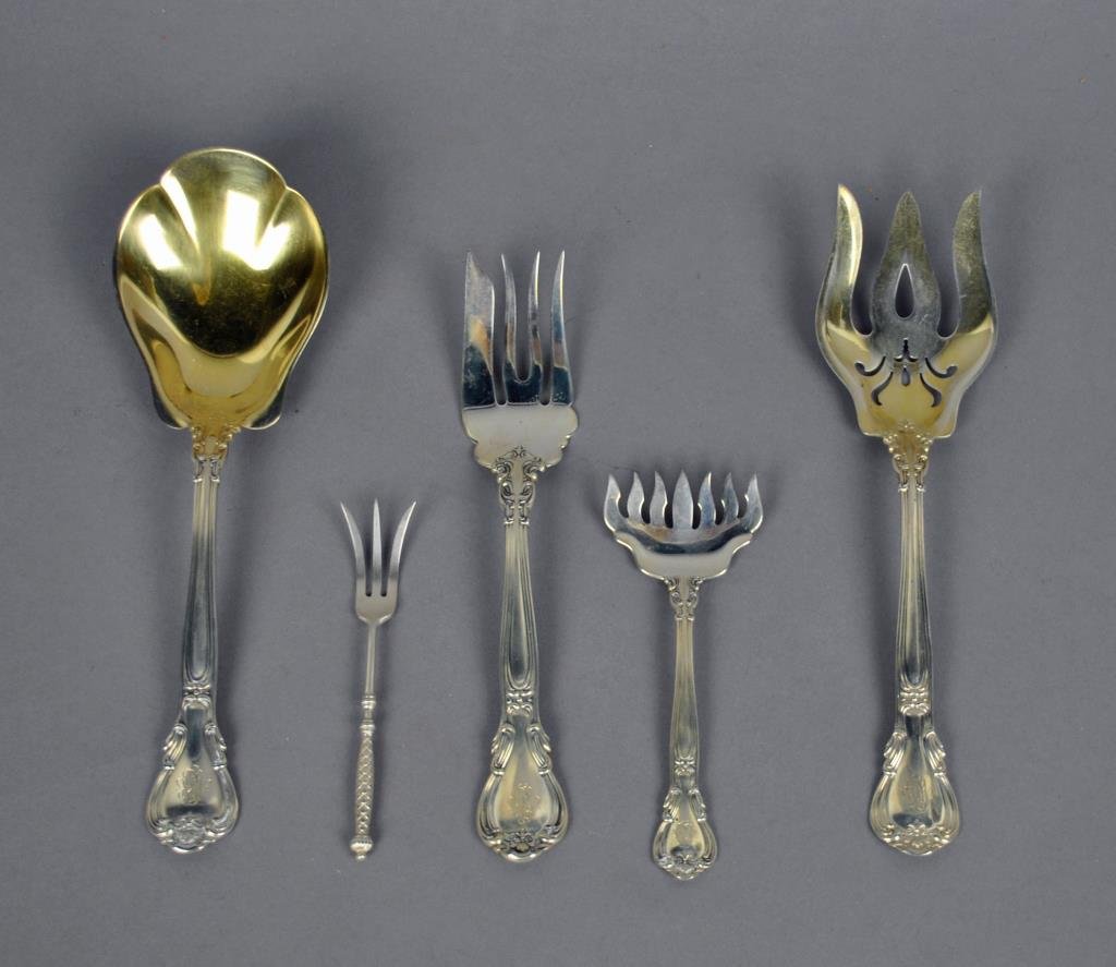 (5) GORHAM STERLING SERVING PIECES: four in Chantilly pattern including a serving fork, serving spoon, fish fork and sardine server, and a lemon fork, 5.8ozt.