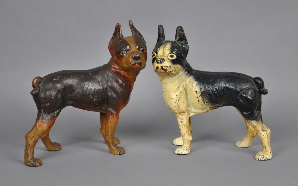 (2) ANTIQUE IRON BOSTON TERRIER DOORSTOPS: tallest 10in., allover light paint chips