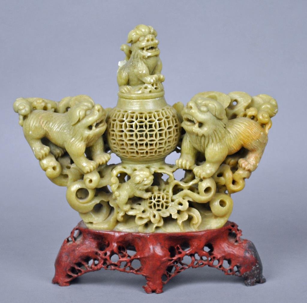 CHINESE CARVED SOAPSTONE FOO DOG INCENSE BURNER: with openwork vessel, foo dog lid/finial, some nicks and chips, 10x10in.