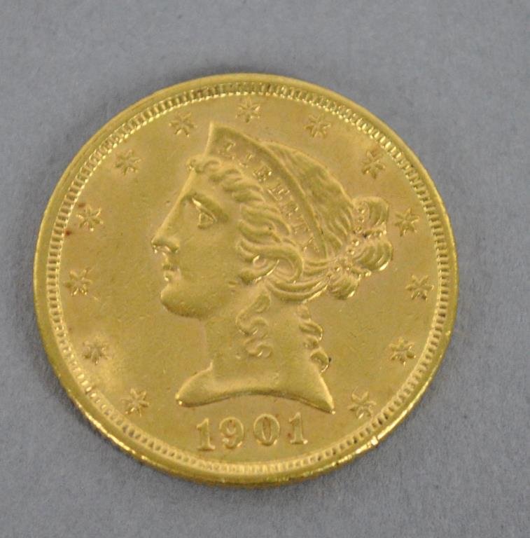 1901 US LIBERTY HALF EAGLE $5 DOLLAR GOLD COIN