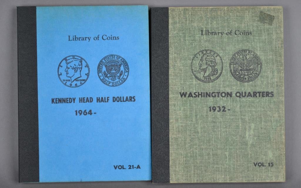TWO-ALBUM SILVER COIN COLLECTION: includes a Washington quarter dollar album dating from 1932-1963D, containing 58 coins out of 80 slots, and a Kennedy half dollar album containing 2-silver half dollars and 5-40% half dollars