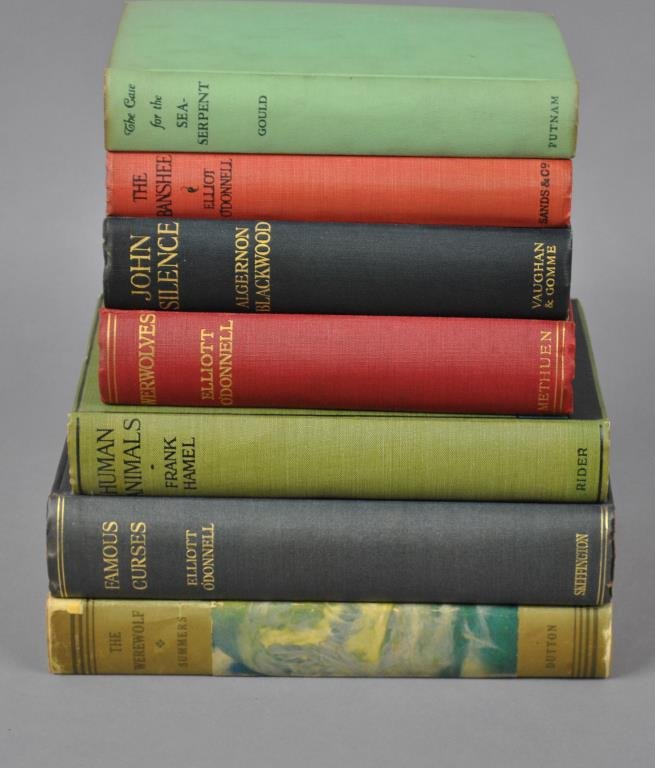 (7) HORROR STORIES: The Werewolf, Montague Summers (1934); Werewolves, Elliot O’Donnell (1912), some splitting to joint and hinge; The Banshee, Elliot O’Donnell (no date); Human Animals, Frank Hamel, (1915); Famous C