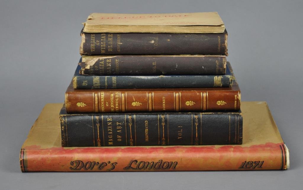 (7) AS-IS BOOKS W/PLATES, READABLE COPIES & BETTER: The Aldine, A Typographic Art Journal, Vol. IV, 1872, numerous plates, many full page, elephant folio; The Illustrated Magazine of Art, Vol. I, 1853; The Discourses of Sir Joshua Reynolds, 1842 (well 
