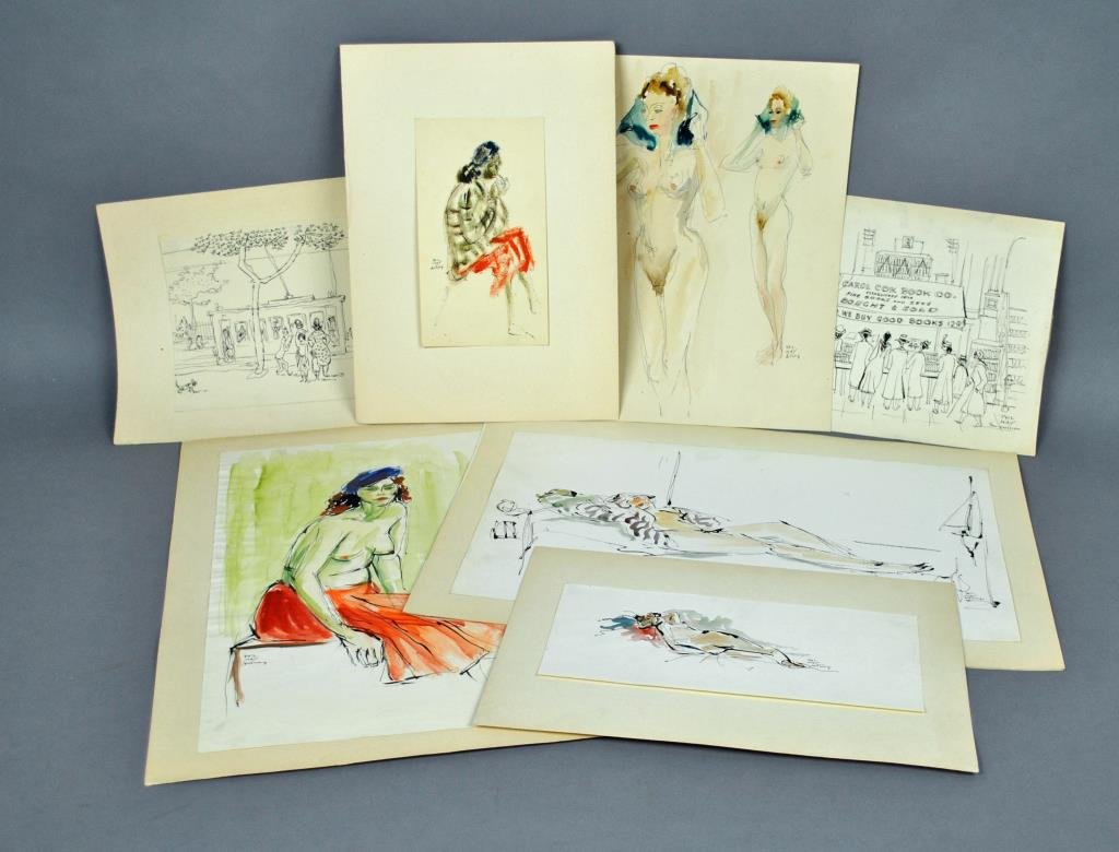 (33) PEN & INK SKETCHES SIGNED PHIL MAY: comprising 23 nudes including 5 with watercolor, an ink and crayon of a seated lady smoking a cigarette, and 9 scenics including France, Antwerp, a bookstore (small edge tear), and street scenes, larg