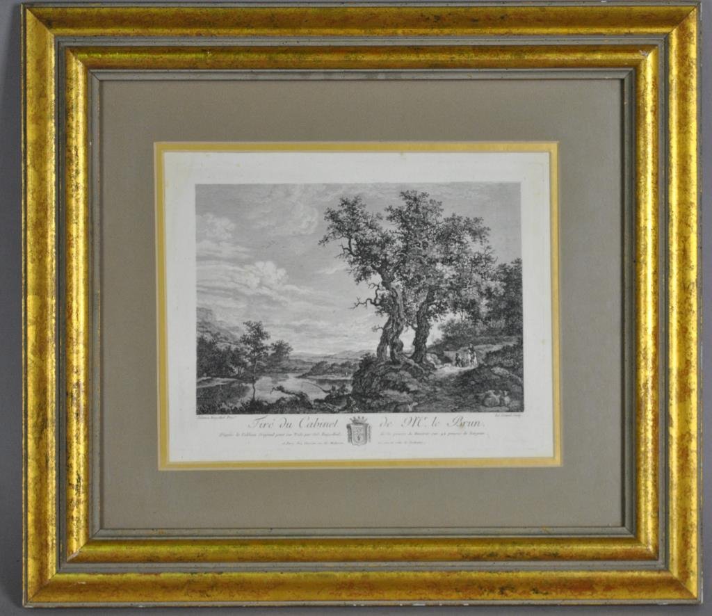 ANTIQUE FRENCH ETCHING / ENGRAVING: after an old master painting by Salomon Ruysdael (Dutch, 1600-1670) in the collection of Charles Le Brun, 7x9in.