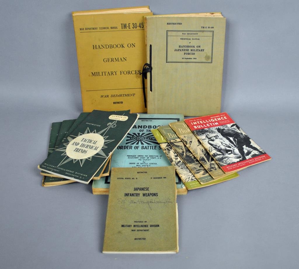 (12) MILITARY HANDBOOKS & BOOKLETS: Handbook on Japanese Military Forces Technical Manuel TM-E 30-480 (1944); Handbook on German Military Forces Technical Manuel TM-E 30-451 (1945), each with numerous illustrations and diagrams (hardcov