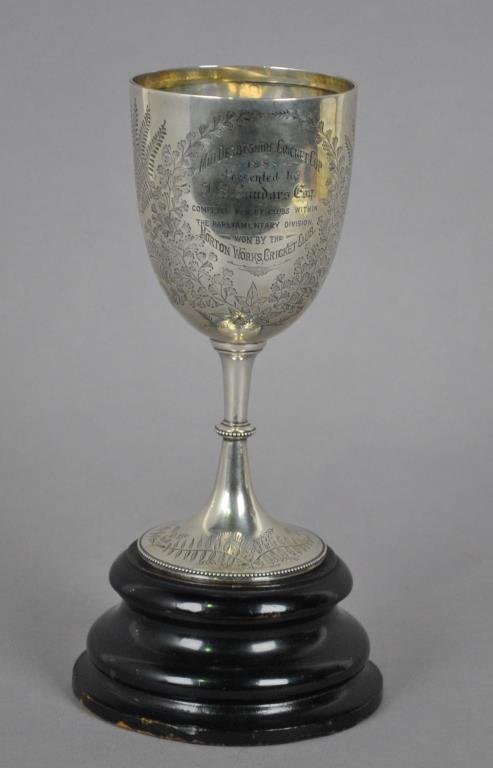 ALDWINCKLE & SLATER STERLING TROPHY CUP DATED 1888: inscribed in part "Mid Derbyshire Cricket Cup / 1888 / Presented .... Won by the Morton Works Cricket Club", with tiered wood stand & newspaper reprints, punches for London, 1885 and maker, 8.5in., 7.