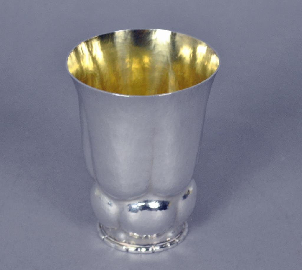 HAND HAMMERED LOBE-FORM 800 SILVER CUP: vermeil interior, monogrammed JS, 3.3ozt.
