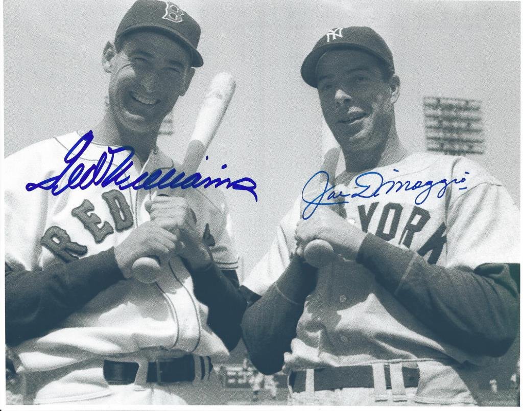 JOE DIMAGGIO & TED WILLIAMS SIGNED OFFSET PHOTO: with Tom’s Sports Cards and Collectibles certificate, bold signatures with blue fiber-tip marker, 8x10in.