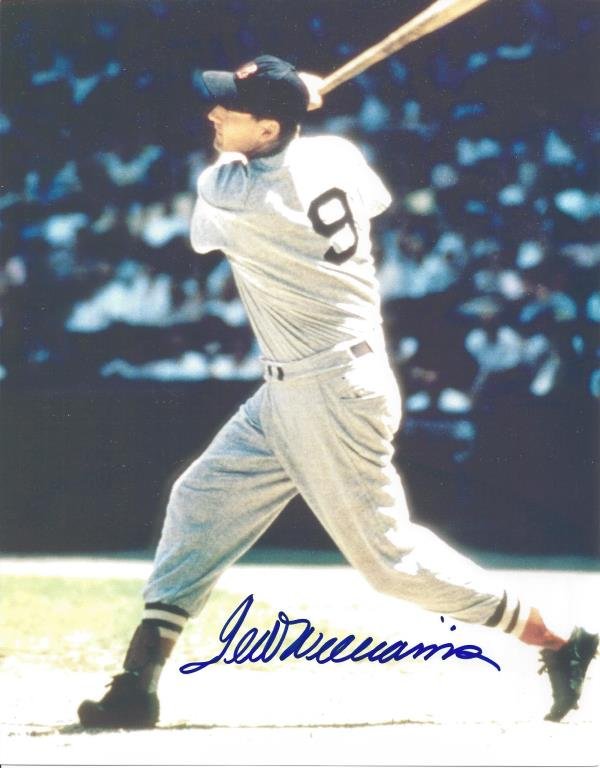 TED WILLIAMS SIGNED OFFSET PHOTO: with Tom’s Sports Cards and Collectibles certificate, bold signature with blue fiber-tip marker, 8x10in.